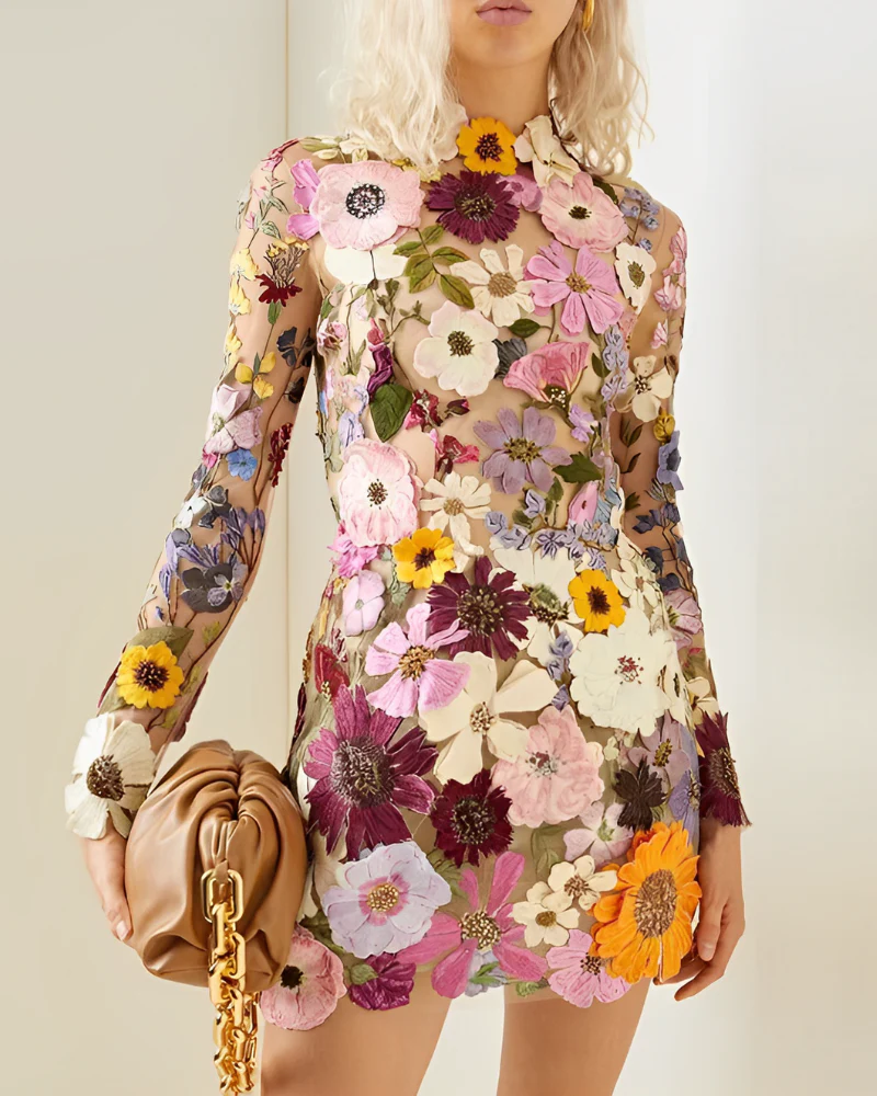 Floral Embroidered Sheer Dress for Women