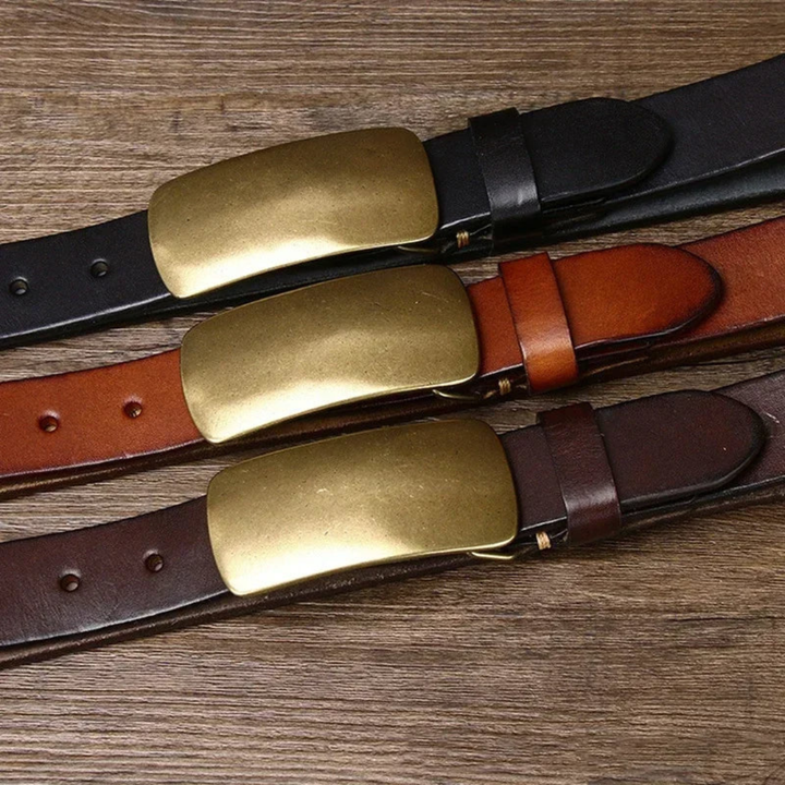 Leather Belt with Brass-Tone Plate Buckle and Leather Keeper