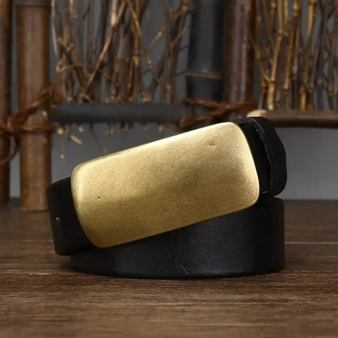 Leather Belt with Brass-Tone Plate Buckle and Leather Keeper