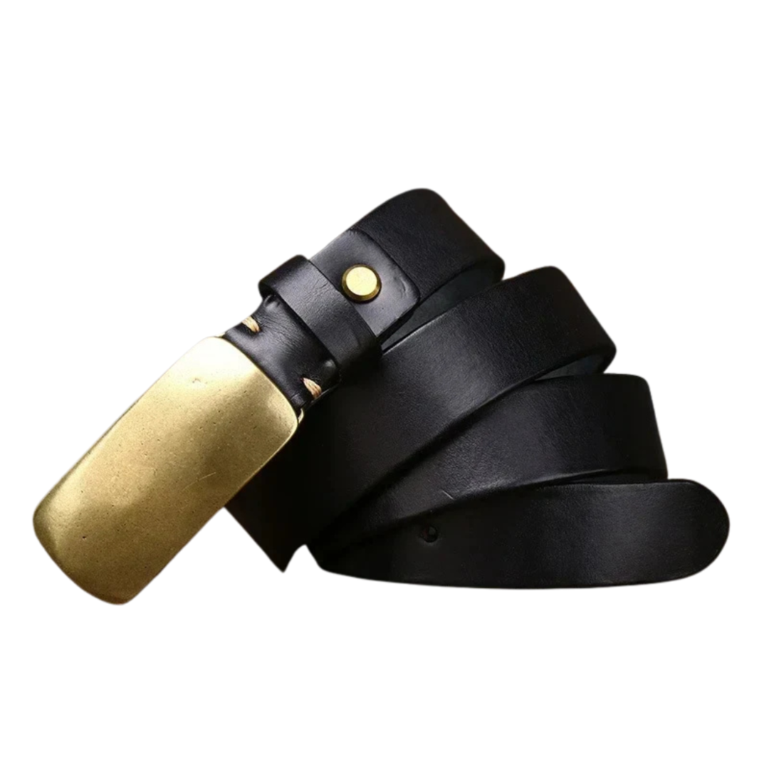 Leather Belt with Brass-Tone Plate Buckle and Leather Keeper