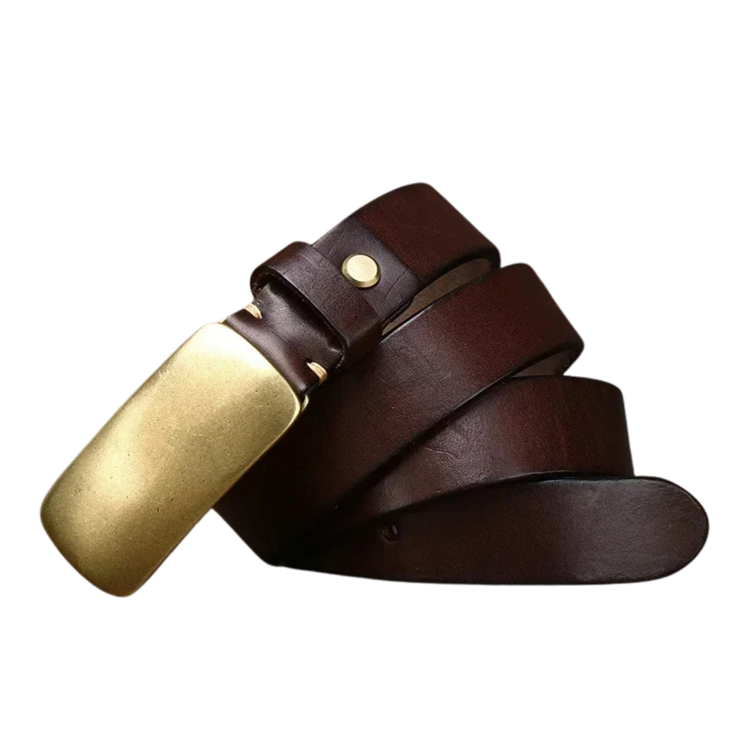 Leather Belt with Brass-Tone Plate Buckle and Leather Keeper