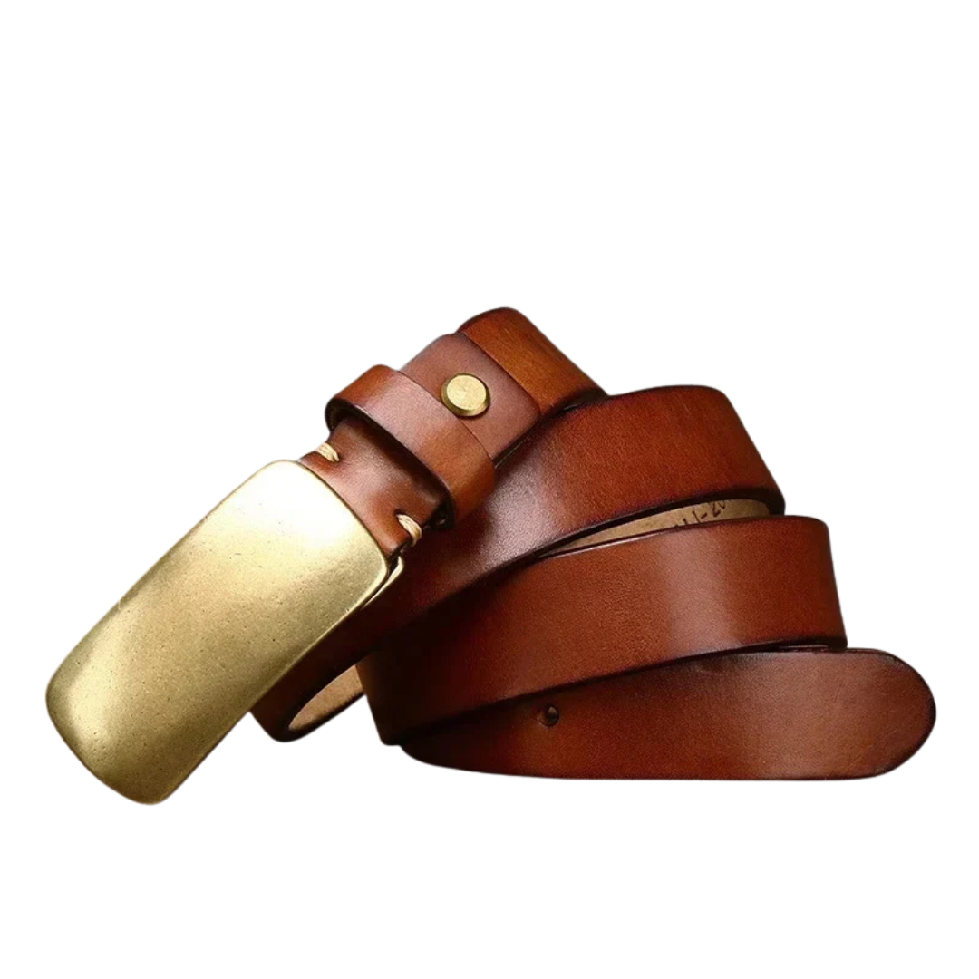 Leather Belt with Brass-Tone Plate Buckle and Leather Keeper