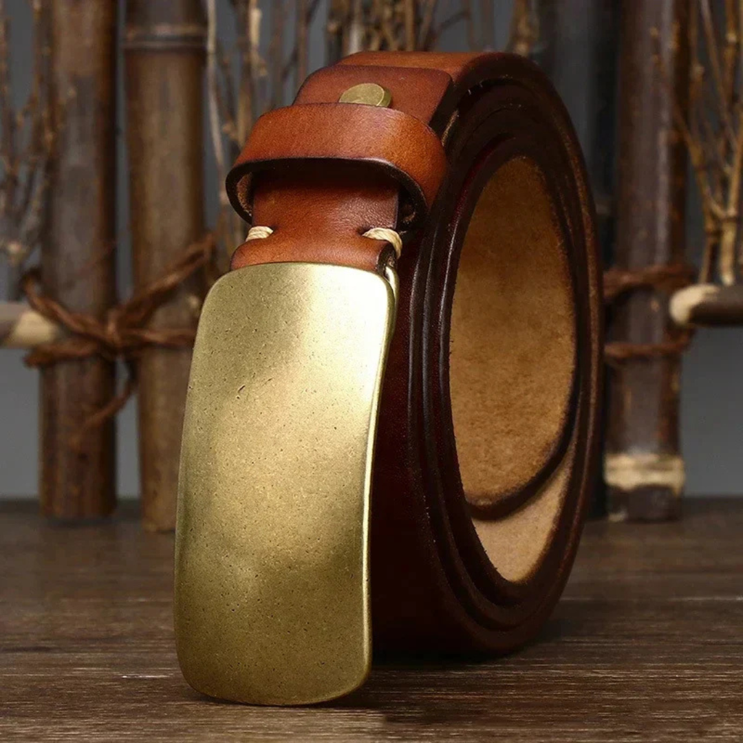 Leather Belt with Brass-Tone Plate Buckle and Leather Keeper