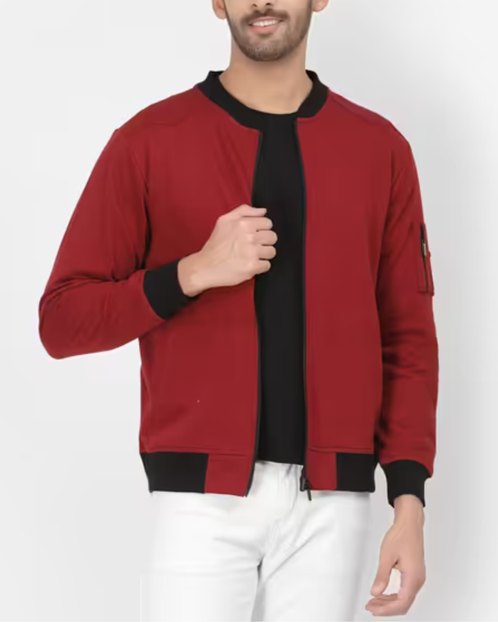 Men's Bomber Jacket with Ribbed Collar and Zip Front Closure