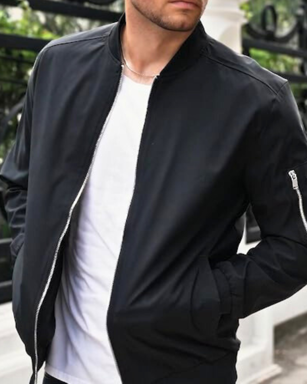 Men's Bomber Jacket with Ribbed Collar and Zip Front Closure