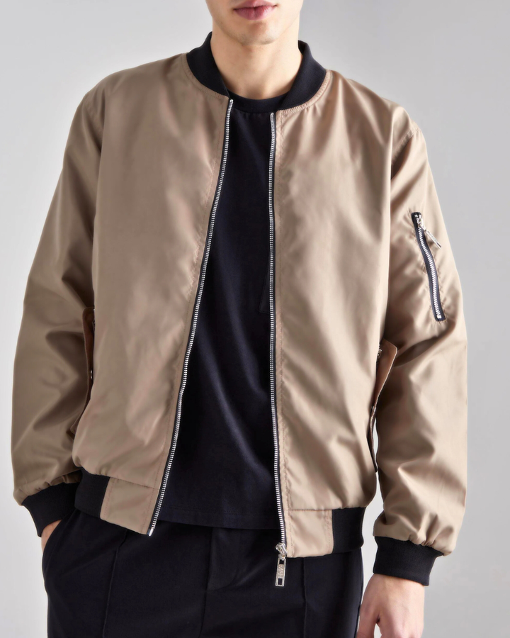 Men's Bomber Jacket with Ribbed Collar and Zip Front Closure