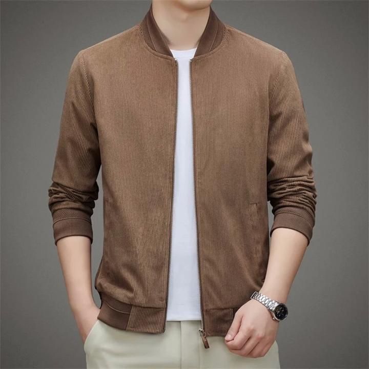 Men's Bomber Jacket with Ribbed Stand Collar and Zip Front Closure