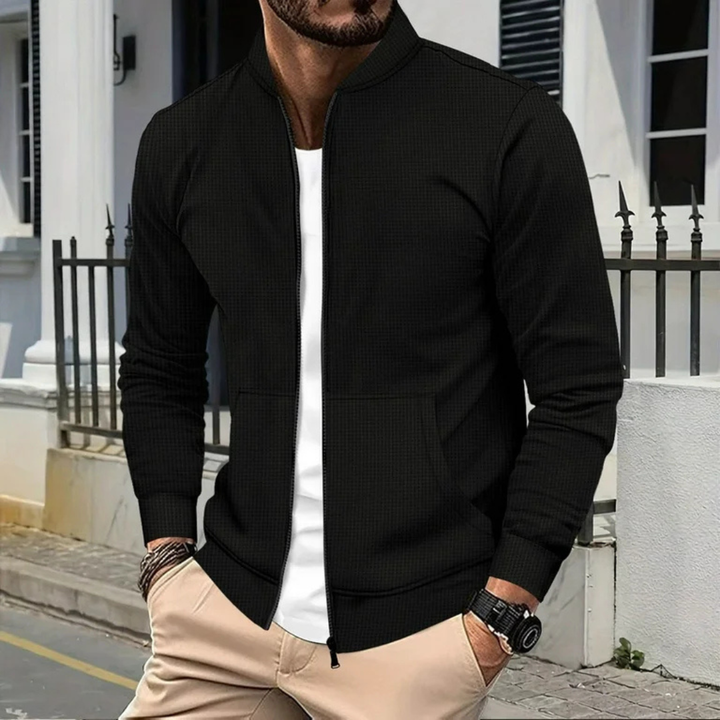 Men's Bomber Jacket with Ribbed Stand Collar and Zip Front Closure