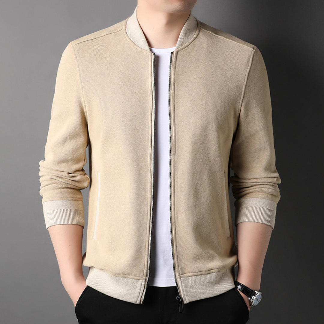 Men's Bomber Jacket with Ribbed Stand Collar and Zip Front Closure