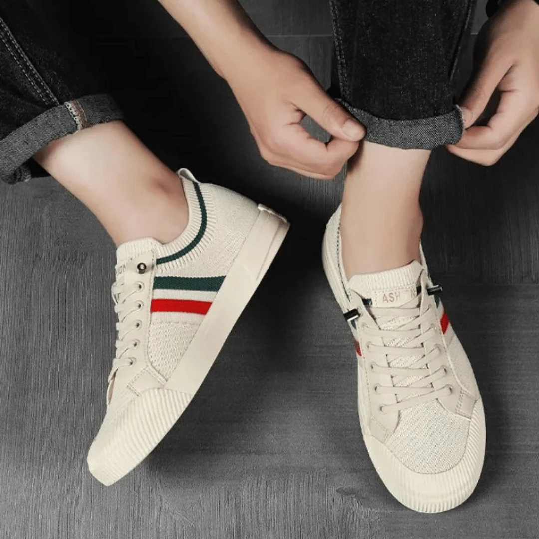 Men's Canvas Sneakers with Knit Collar and Stripe Details