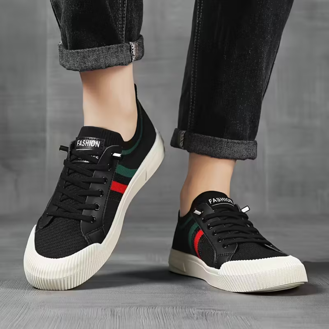 Men's Canvas Sneakers with Knit Collar and Stripe Details