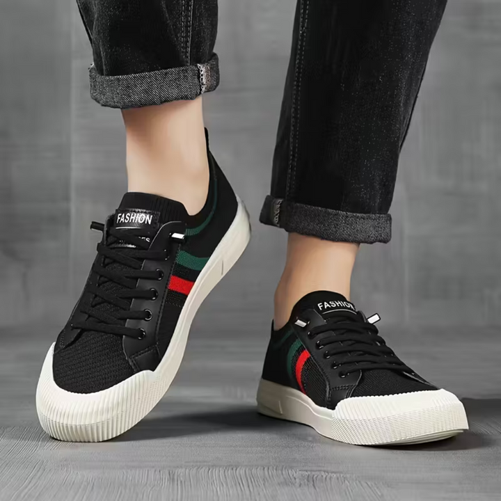 Men's Canvas Sneakers with Knit Collar and Stripe Details