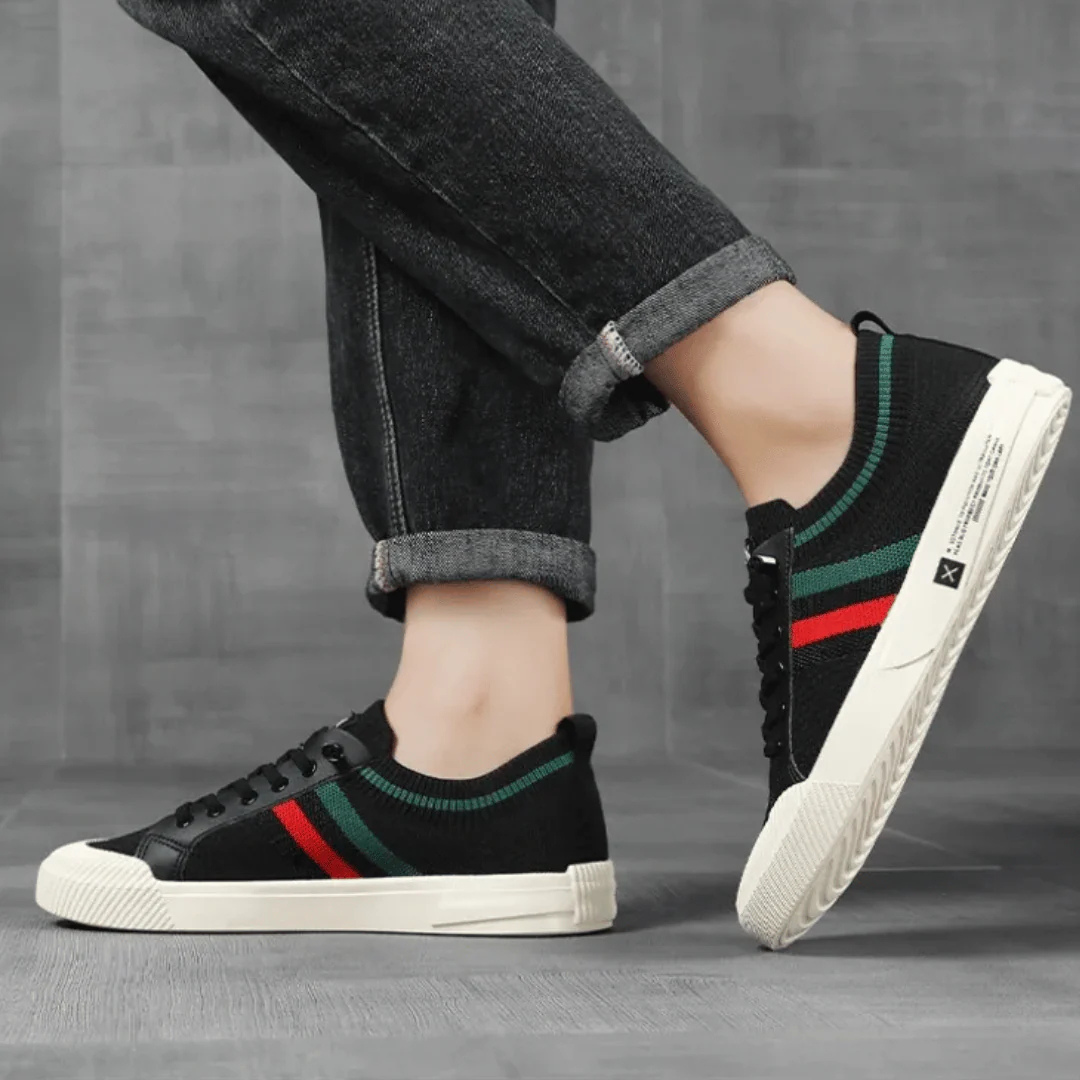 Men's Canvas Sneakers with Knit Collar and Stripe Details