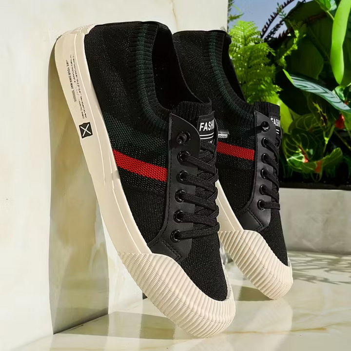 Men's Canvas Sneakers with Knit Collar and Stripe Details