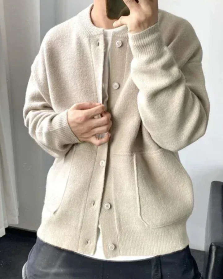 Men's Cardigan Jacket with Round Neckline and Snap Button Closure