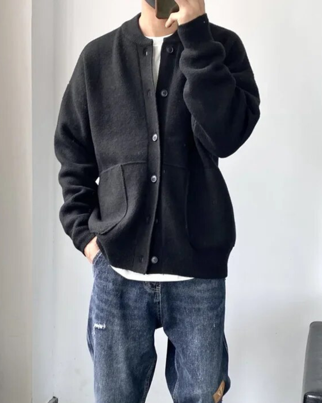 Men's Cardigan Jacket with Round Neckline and Snap Button Closure