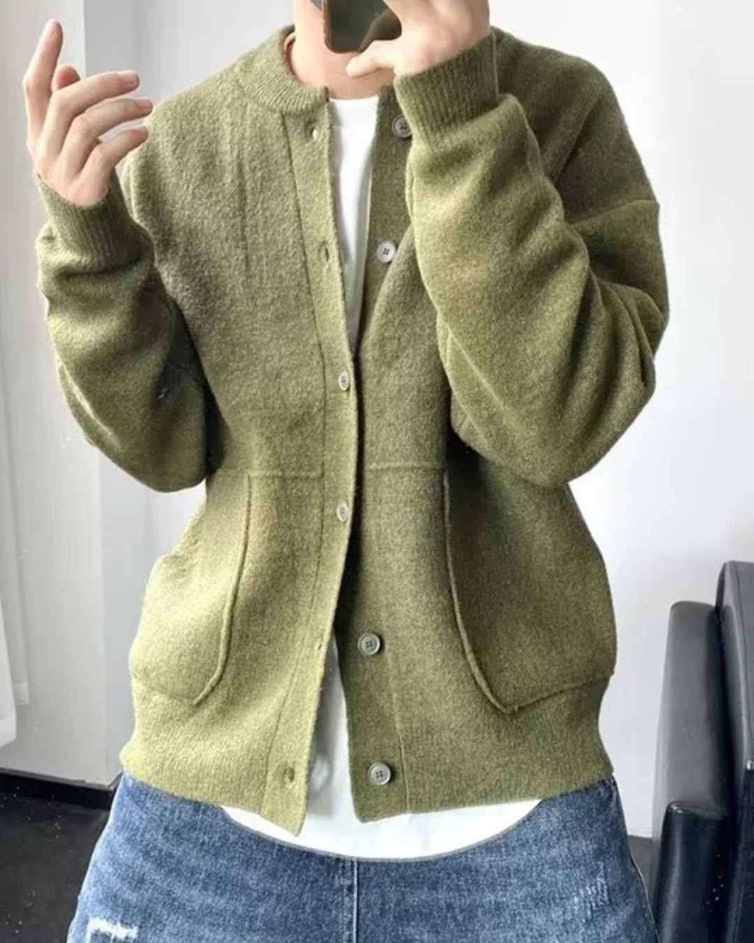 Men's Cardigan Jacket with Round Neckline and Snap Button Closure