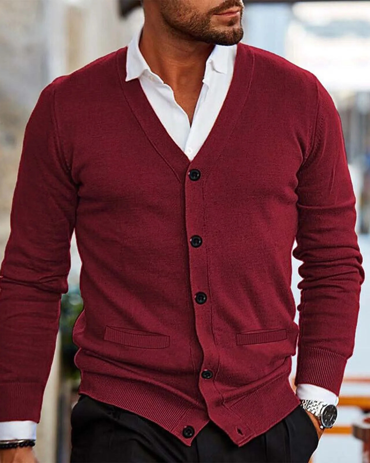 Men's Cardigan with V Neck and Button Front Closure