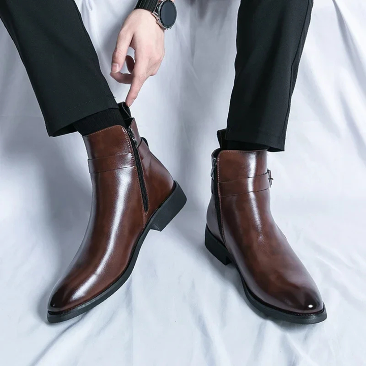 Men's Chelsea Boots with Side Buckle Strap and Zip Closure