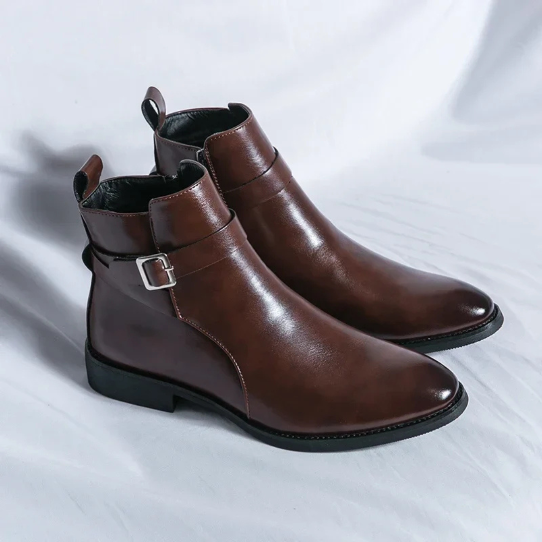 Men's Chelsea Boots with Side Buckle Strap and Zip Closure