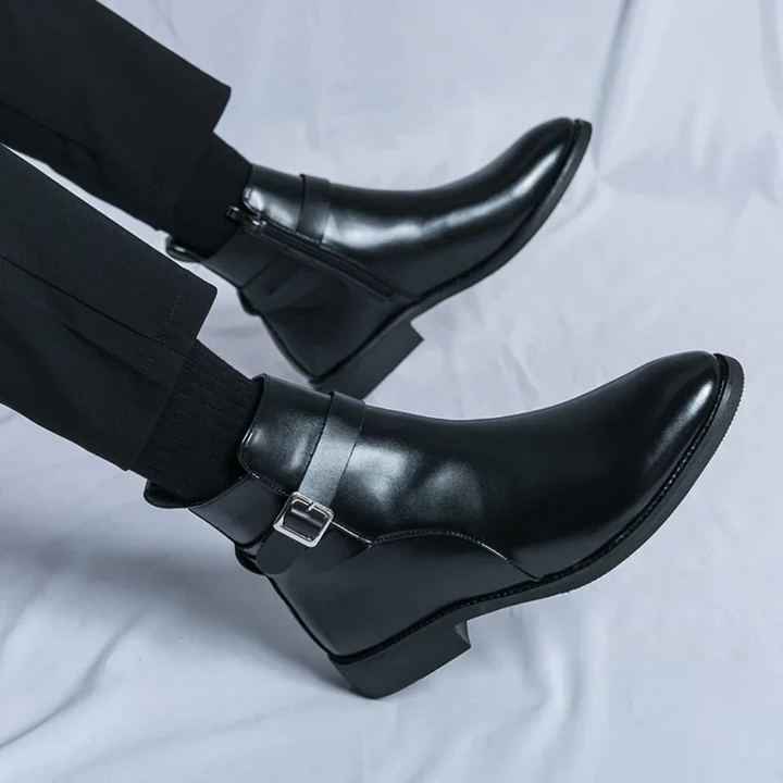 Men's Chelsea Boots with Side Buckle Strap and Zip Closure