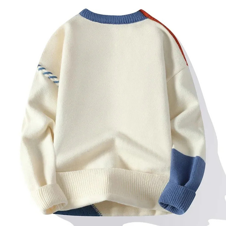 Men's Crew Neck Patchwork Knit Sweater with Cable Details