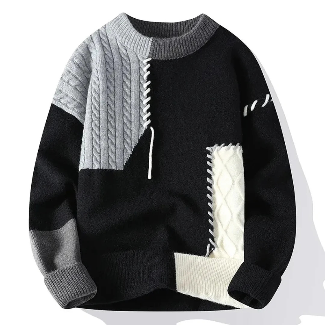 Men's Crew Neck Patchwork Knit Sweater with Cable Details