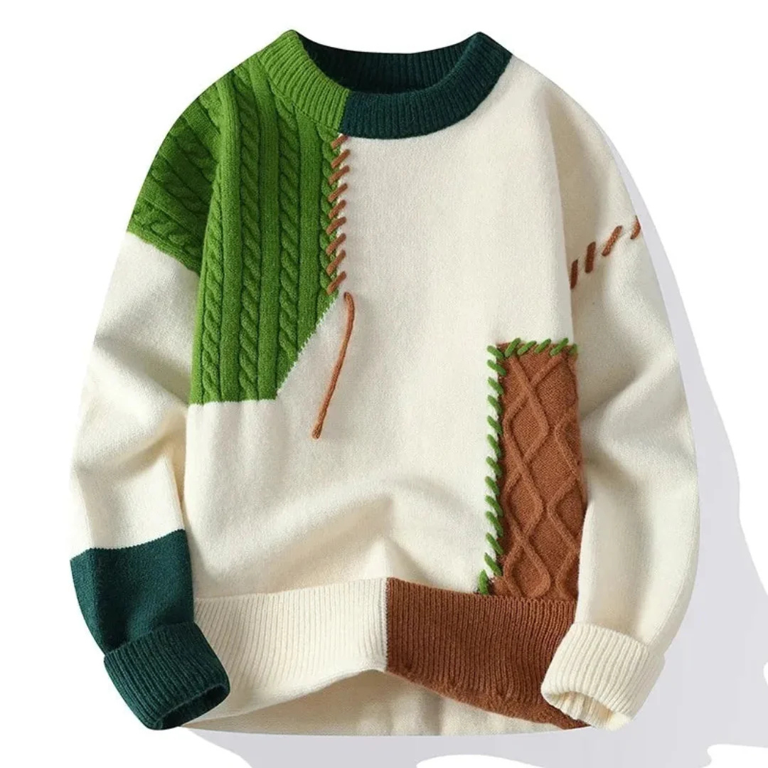 Men's Crew Neck Patchwork Knit Sweater with Cable Details