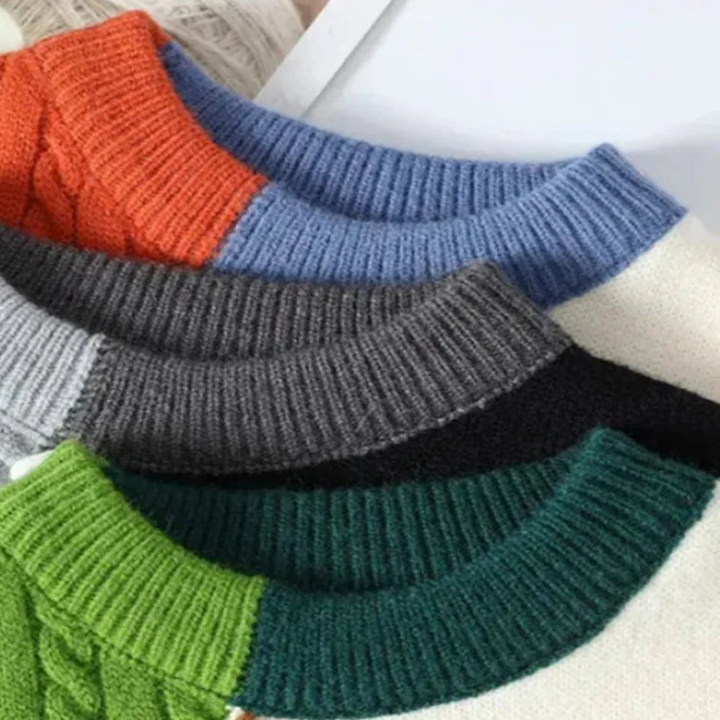 Men's Crew Neck Patchwork Knit Sweater with Cable Details
