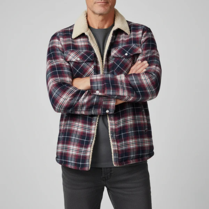 Men's Fleece Lined Plaid Shirt Jacket with Button Front Closure