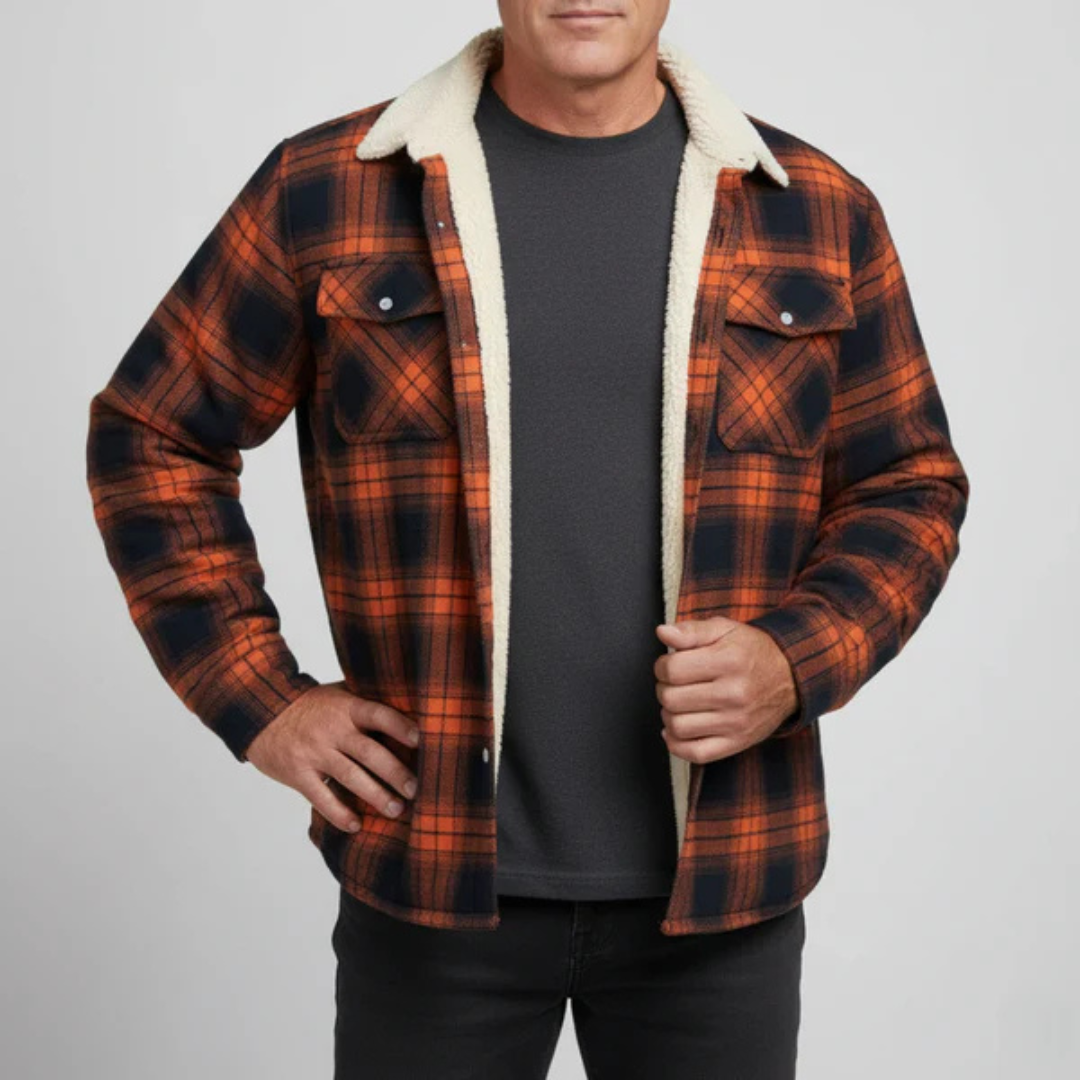 Men's Fleece Lined Plaid Shirt Jacket with Button Front Closure