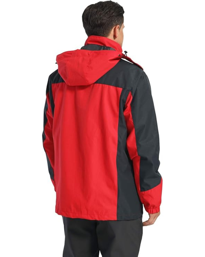 Men's Hooded Jacket with Color Block Panels and Multiple Zip Pockets
