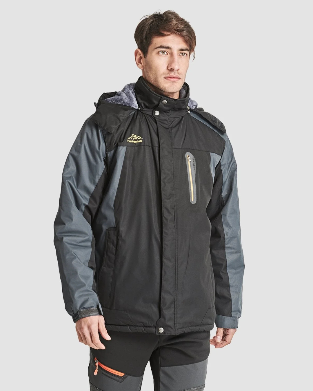Men's Hooded Jacket with Color Block Panels and Multiple Zip Pockets