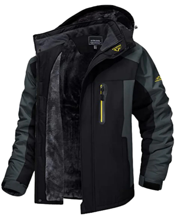 Men's Hooded Jacket with Color Block Panels and Multiple Zip Pockets