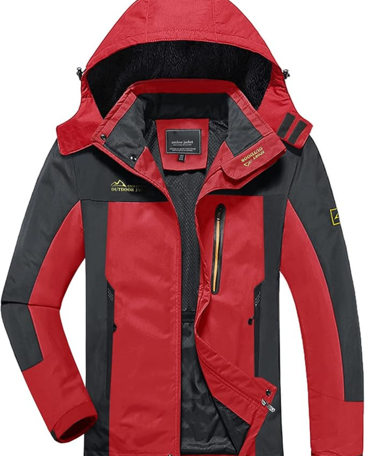 Men's Hooded Jacket with Color Block Panels and Multiple Zip Pockets