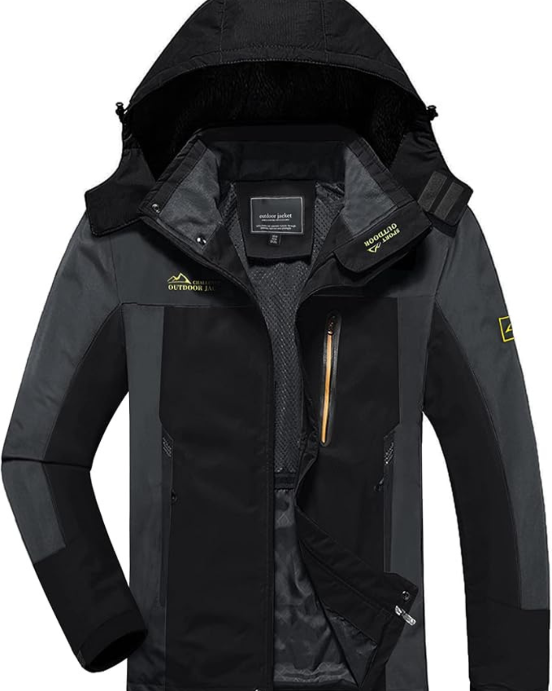 Men's Hooded Jacket with Color Block Panels and Multiple Zip Pockets