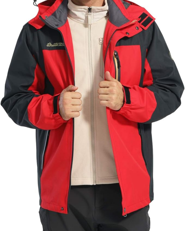 Men's Hooded Jacket with Color Block Panels and Multiple Zip Pockets