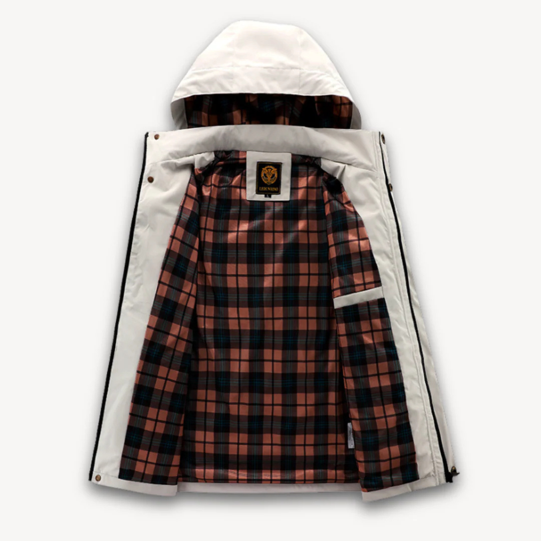 Men's Hooded Jacket with Snap Button Closure and Multiple Chest Pockets