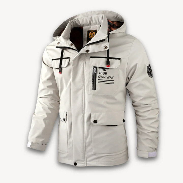 Men's Hooded Jacket with Snap Button Closure and Multiple Chest Pockets