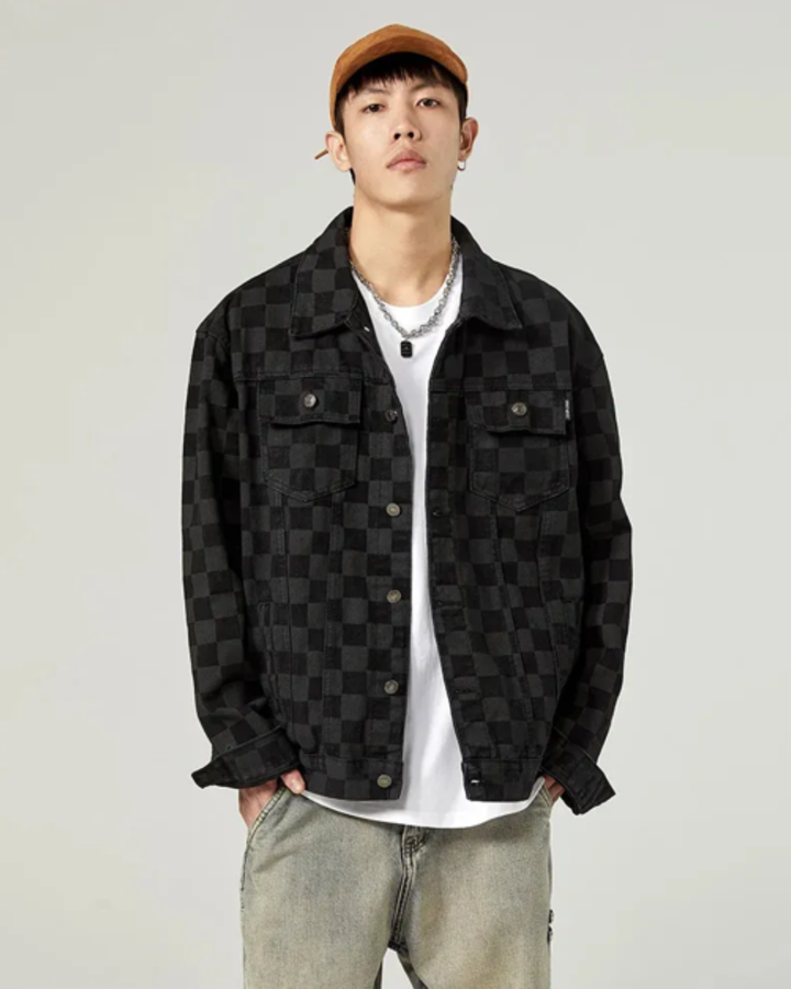 Men's Jacket with Checkered Pattern and Chest Flap Pockets