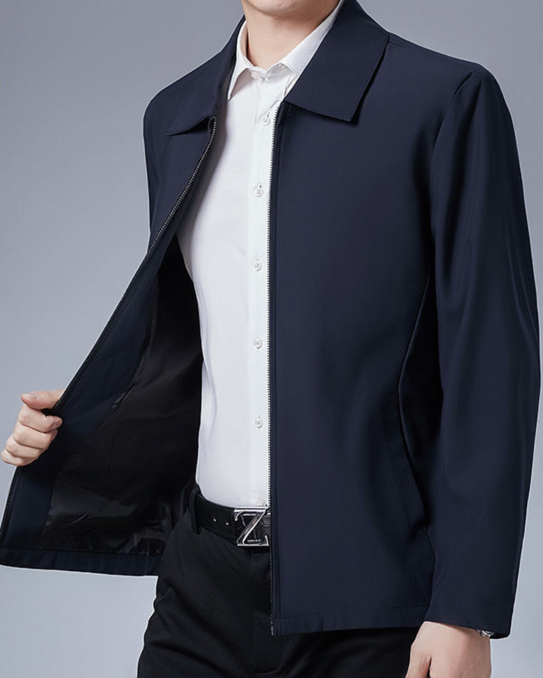 Men's Jacket with Pointed Collar and Zip Front Closure