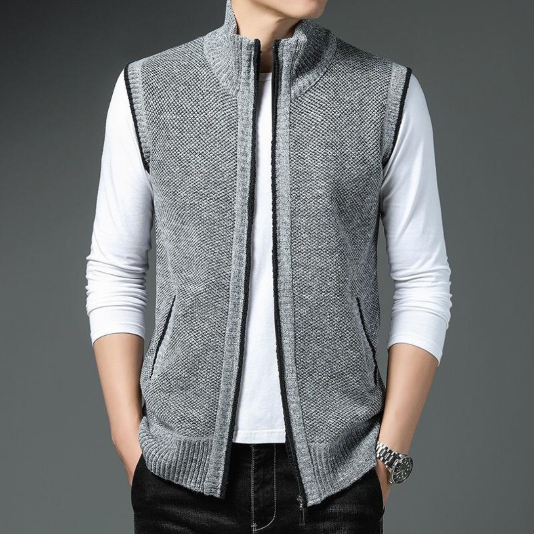 Men's Knit Vest with Stand Collar and Zip Front Closure