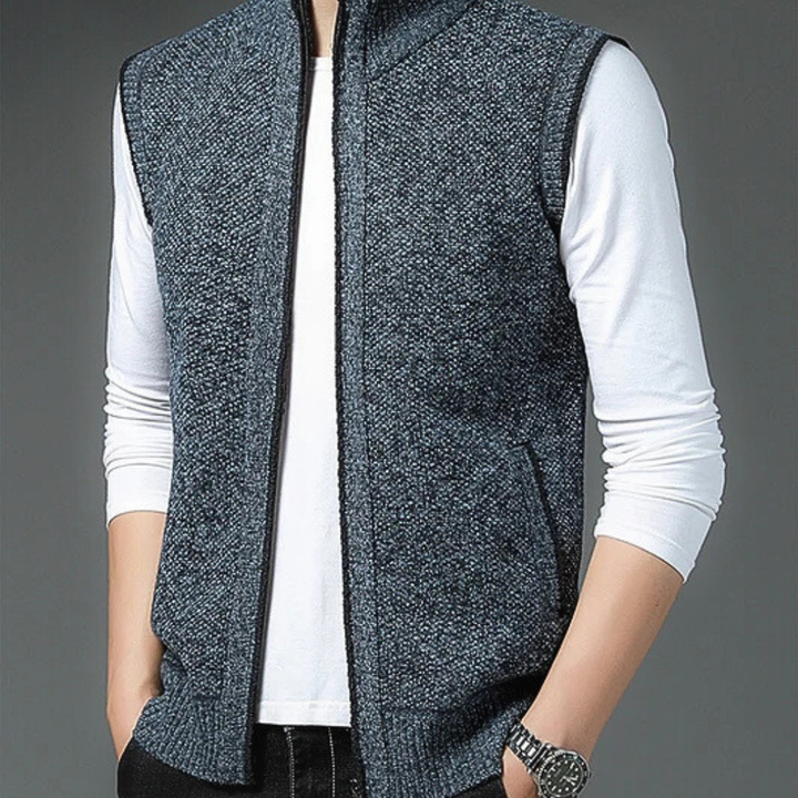 Men's Knit Vest with Stand Collar and Zip Front Closure