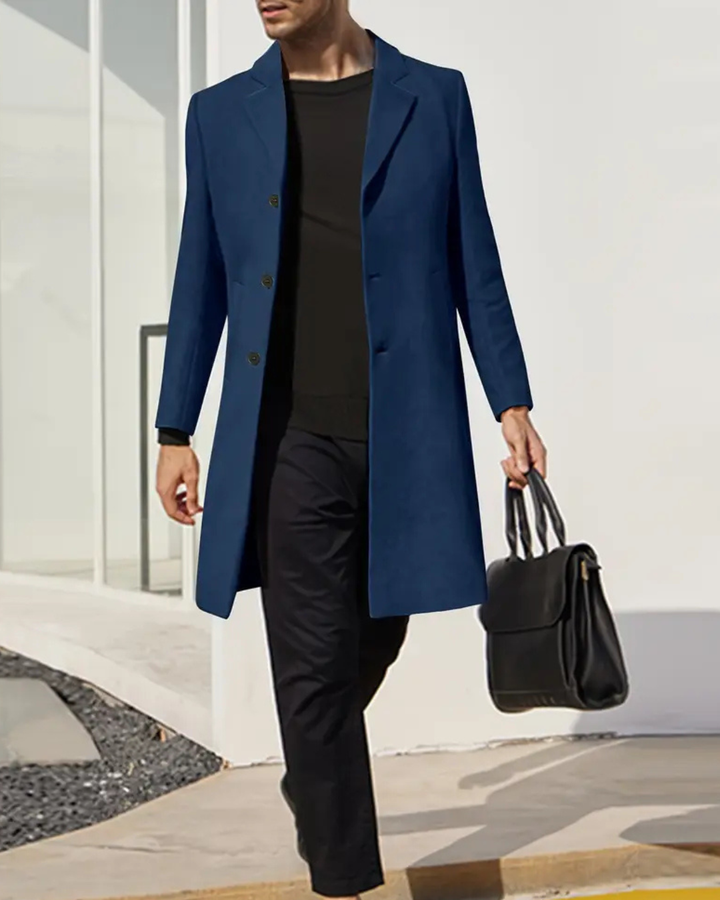 Men's Long Coat with Wide Lapels and Button Front Closure