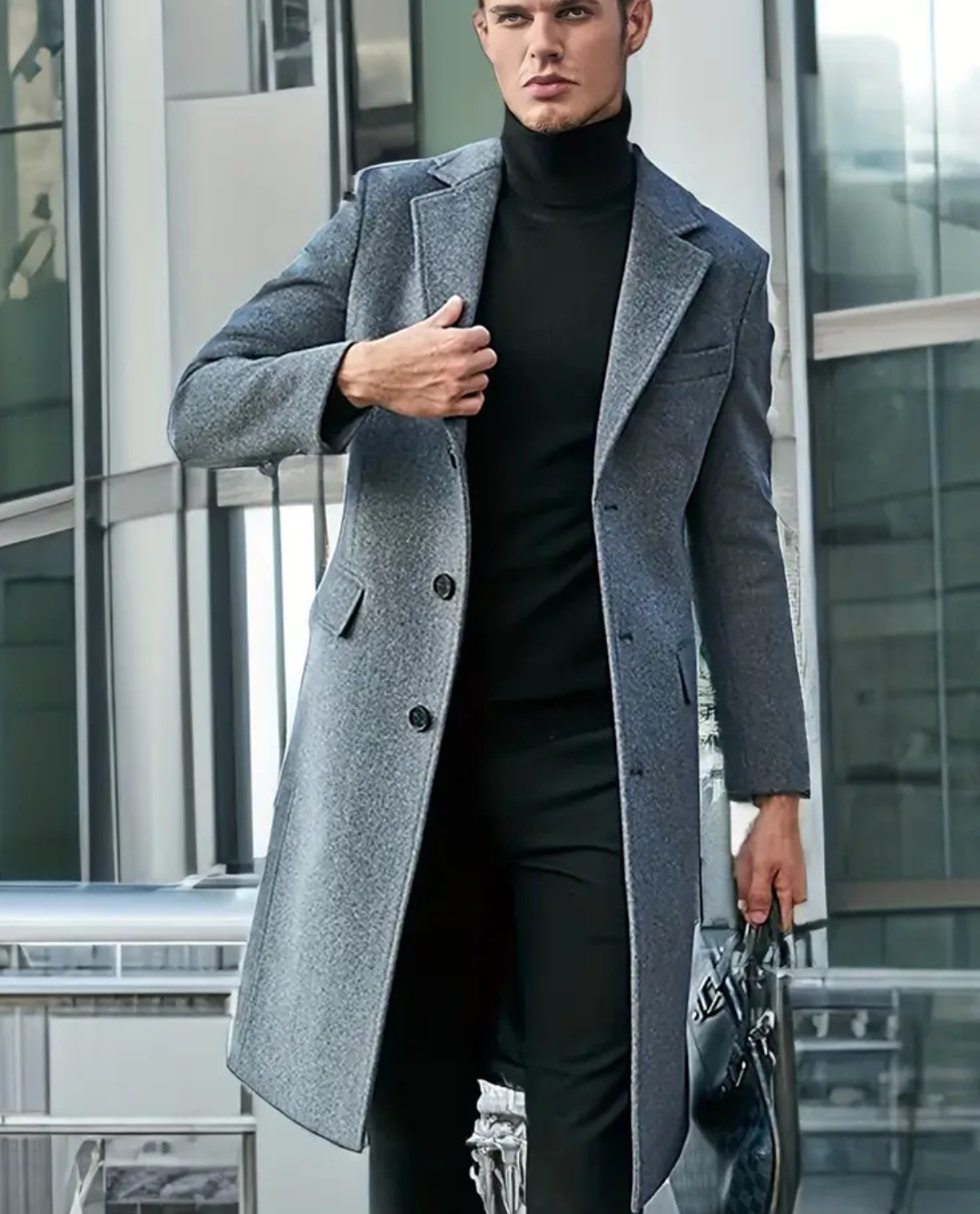 Men's Long Coat with Wide Lapels and Button Front Closure