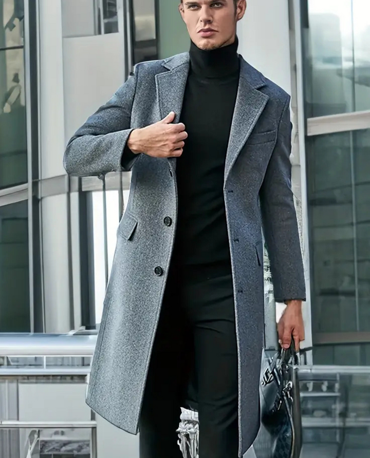 Men's Long Coat with Wide Lapels and Button Front Closure