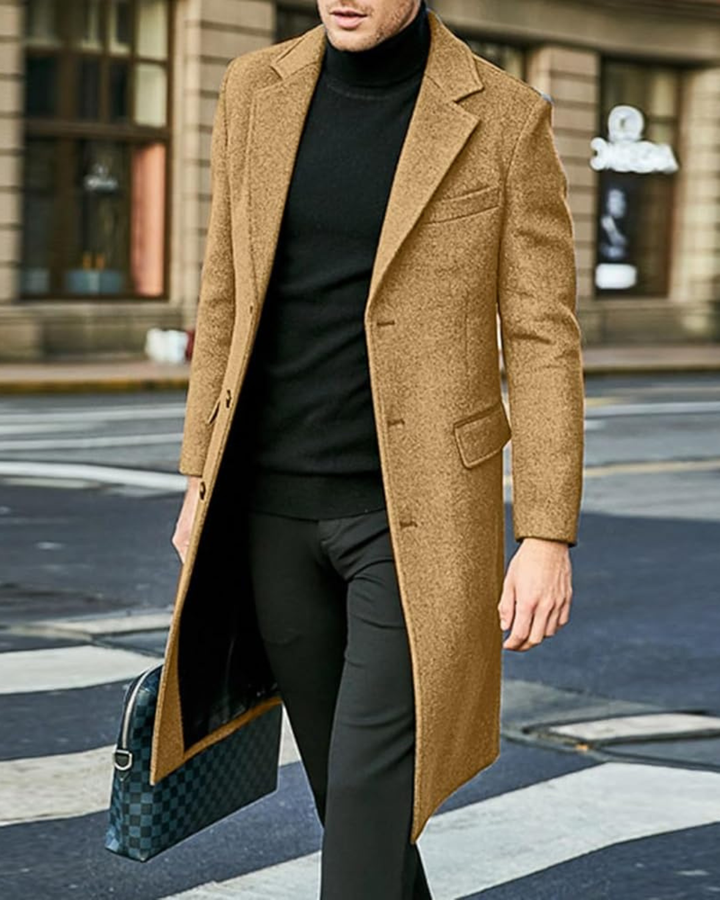 Men's Long Coat with Wide Lapels and Button Front Closure