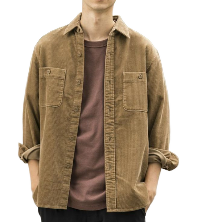 Men's Long Sleeve Corduroy Shirt with Button Front Closure and Chest Pocket