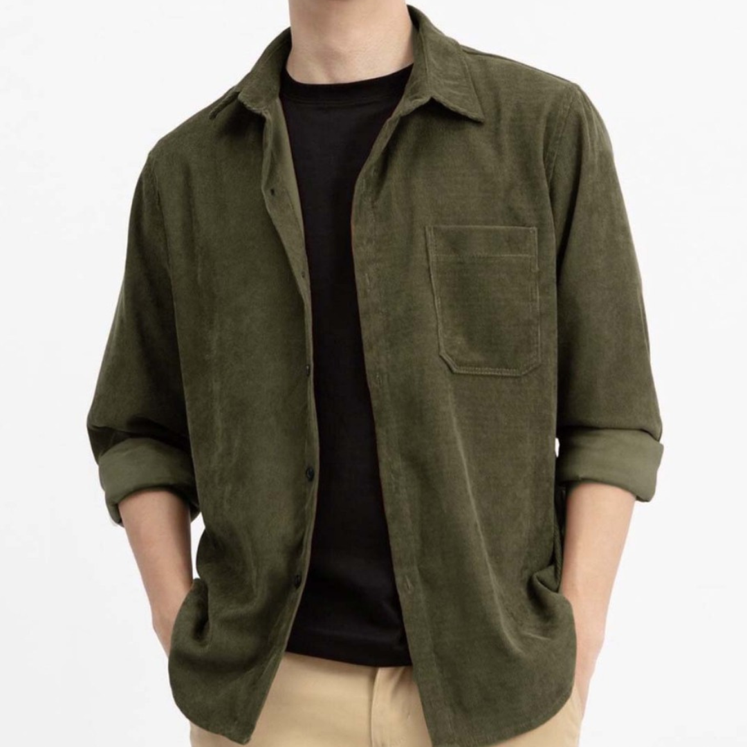 Men's Long Sleeve Corduroy Shirt with Button Front Closure and Chest Pocket