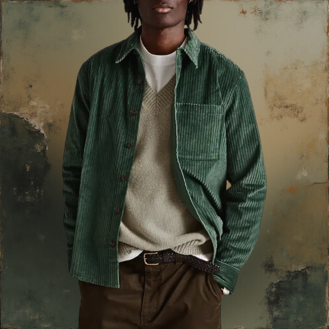 Men's Long Sleeve Corduroy Shirt with Button Front Closure and Chest Pocket